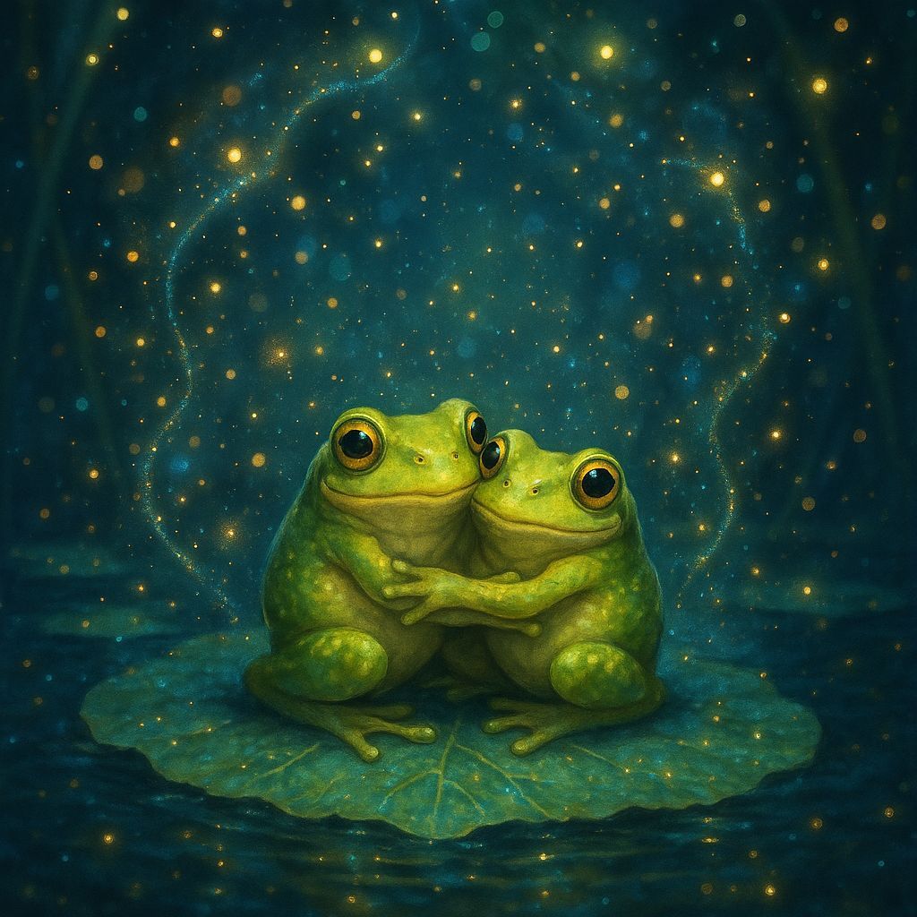 Two Cute Frogs Hugging on a Lily Pad