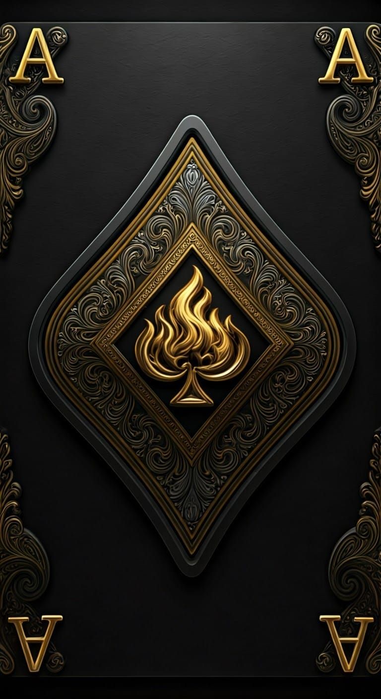 Surreal Metallic Ace Card with 3D Flame Icon in Golden and S...