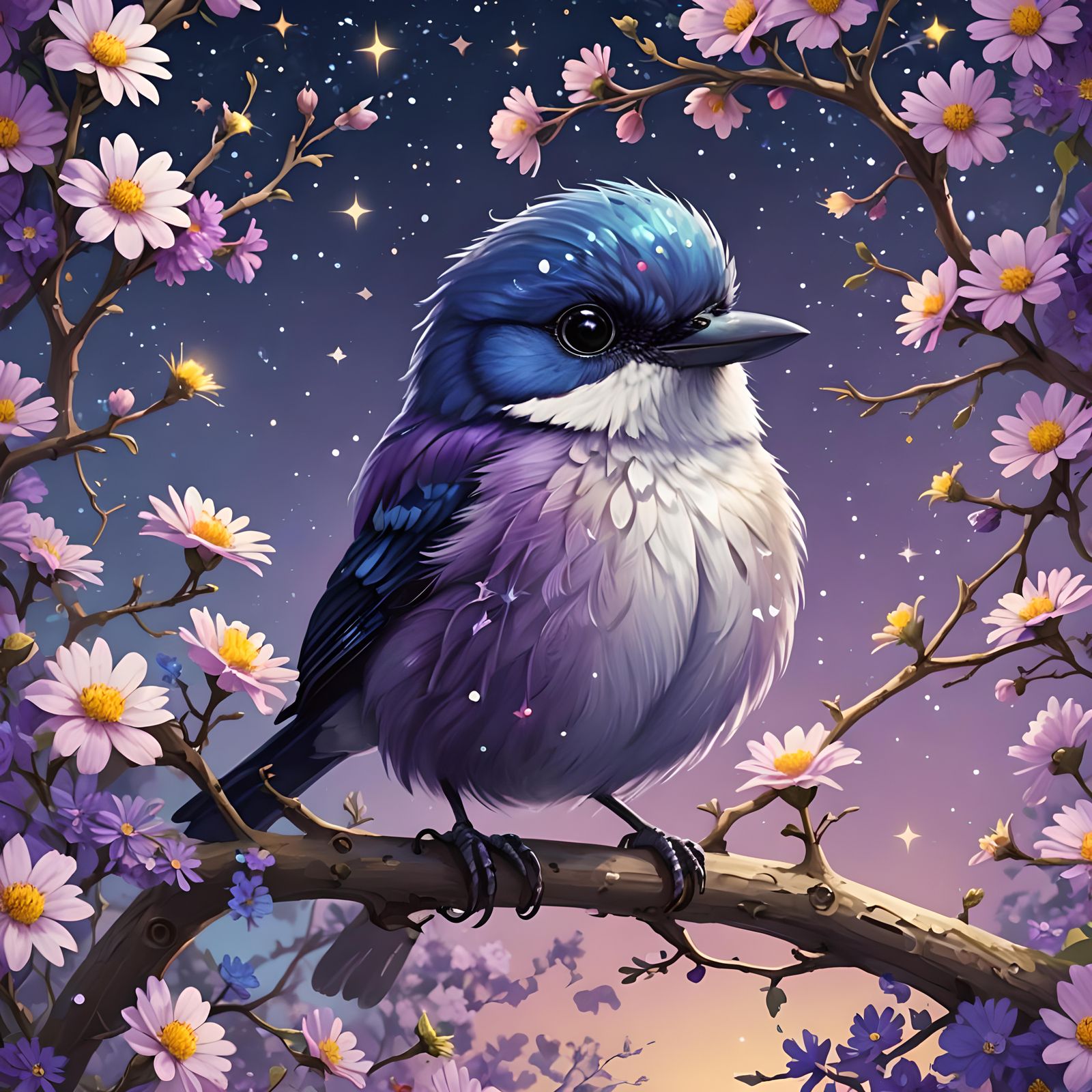 Fluffy Purple Songbird in Starry Sky