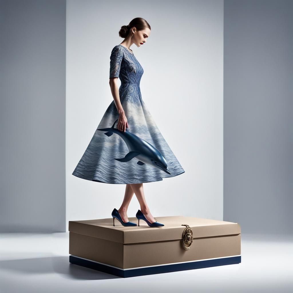 Woman in Dolphin Dress on White Background