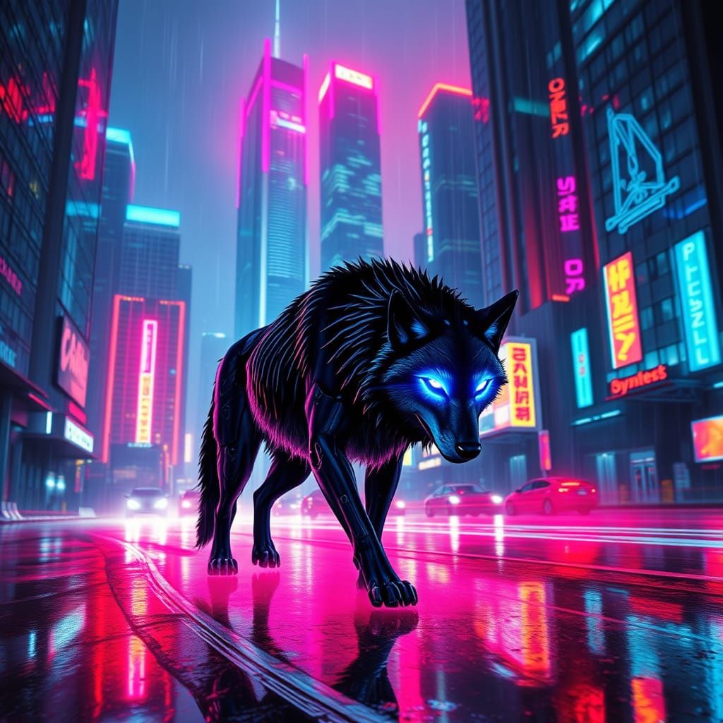 Cybernetic Wolf in Neon Retro Dystopian Cityscape
