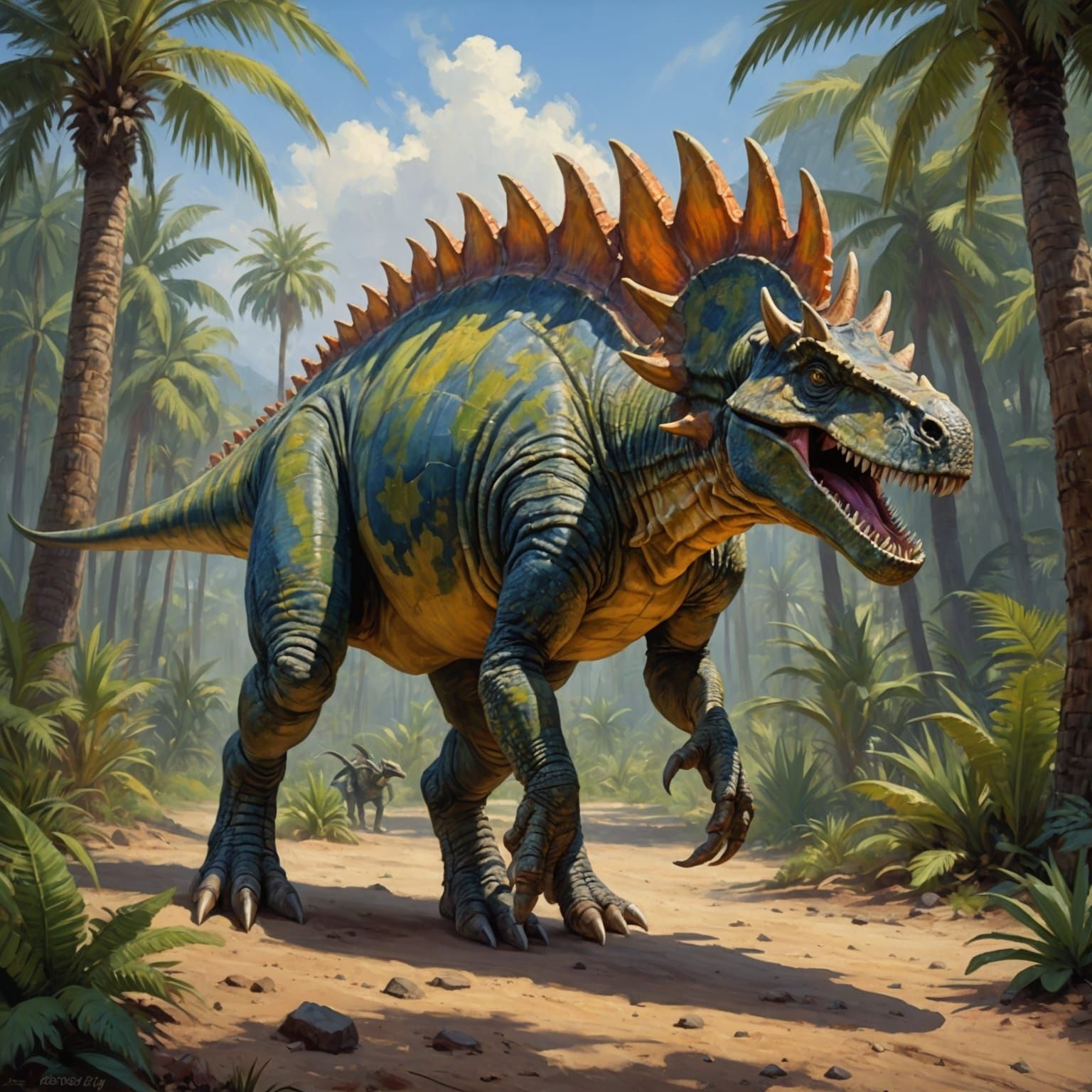 Hybrid Dinosaur with Triceratops Head, Oil Painting