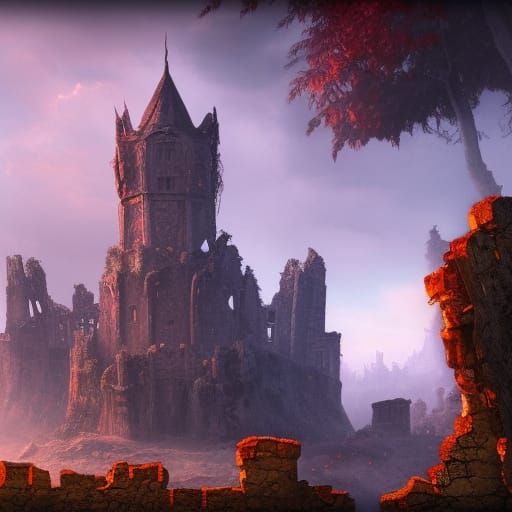 Medieval Castle Ruins in Detailed Matte Painting