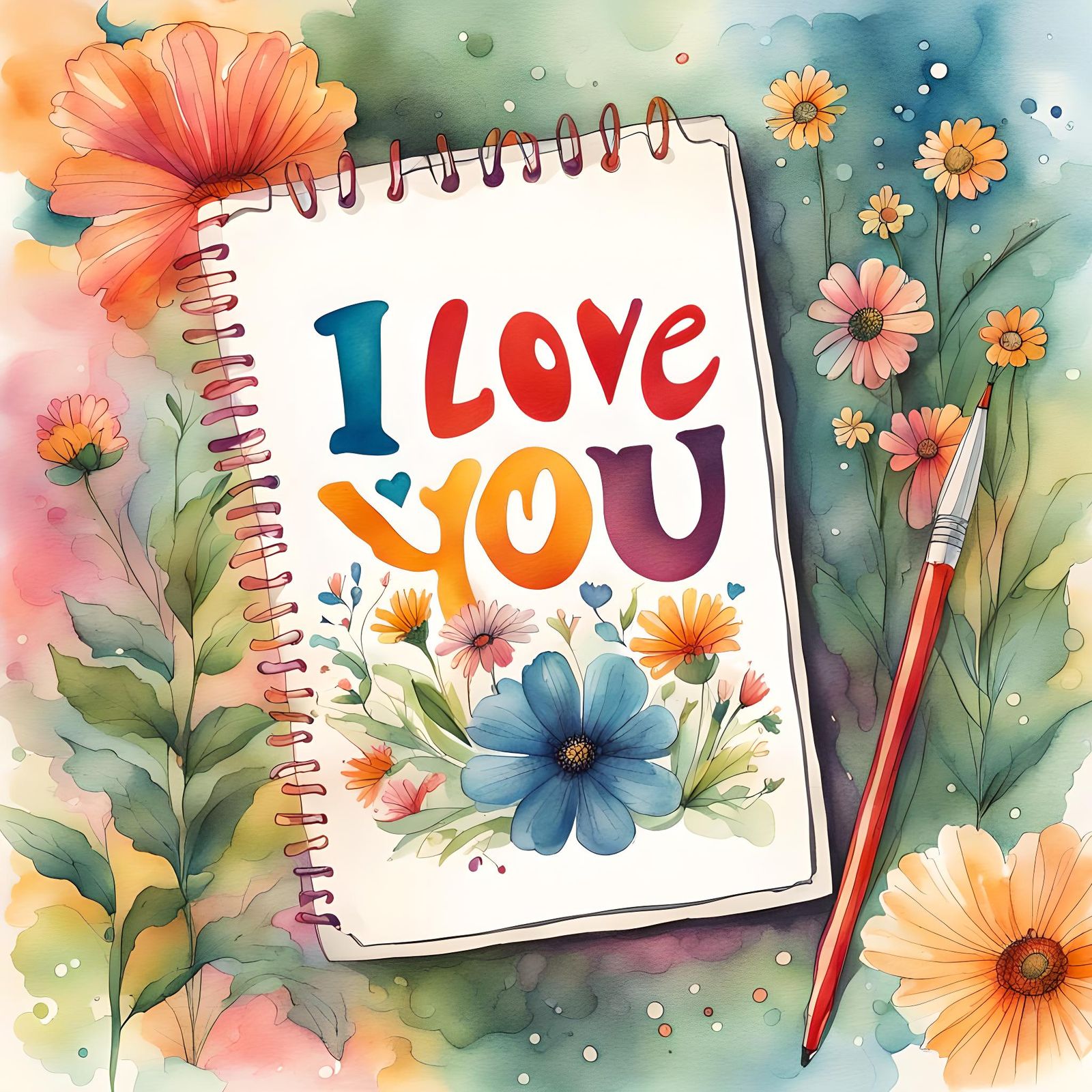 I LOVE YOU Watercolor Illustration on Notepad