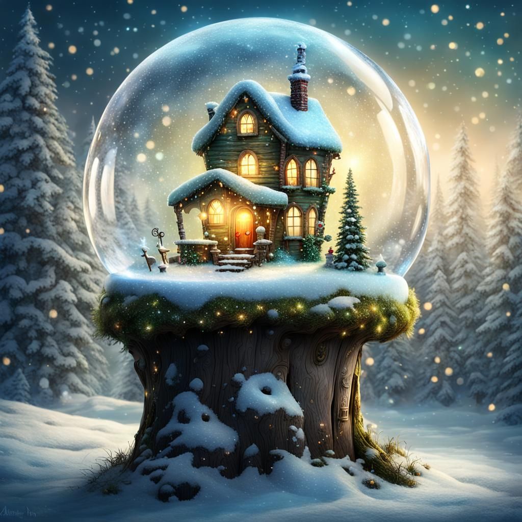Life-sized snow globe with a house where fairies live. AI image prompt in my tutorials!