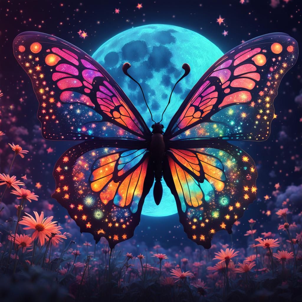 Psychedelic Butterfly Silhouette with Moon and Stars