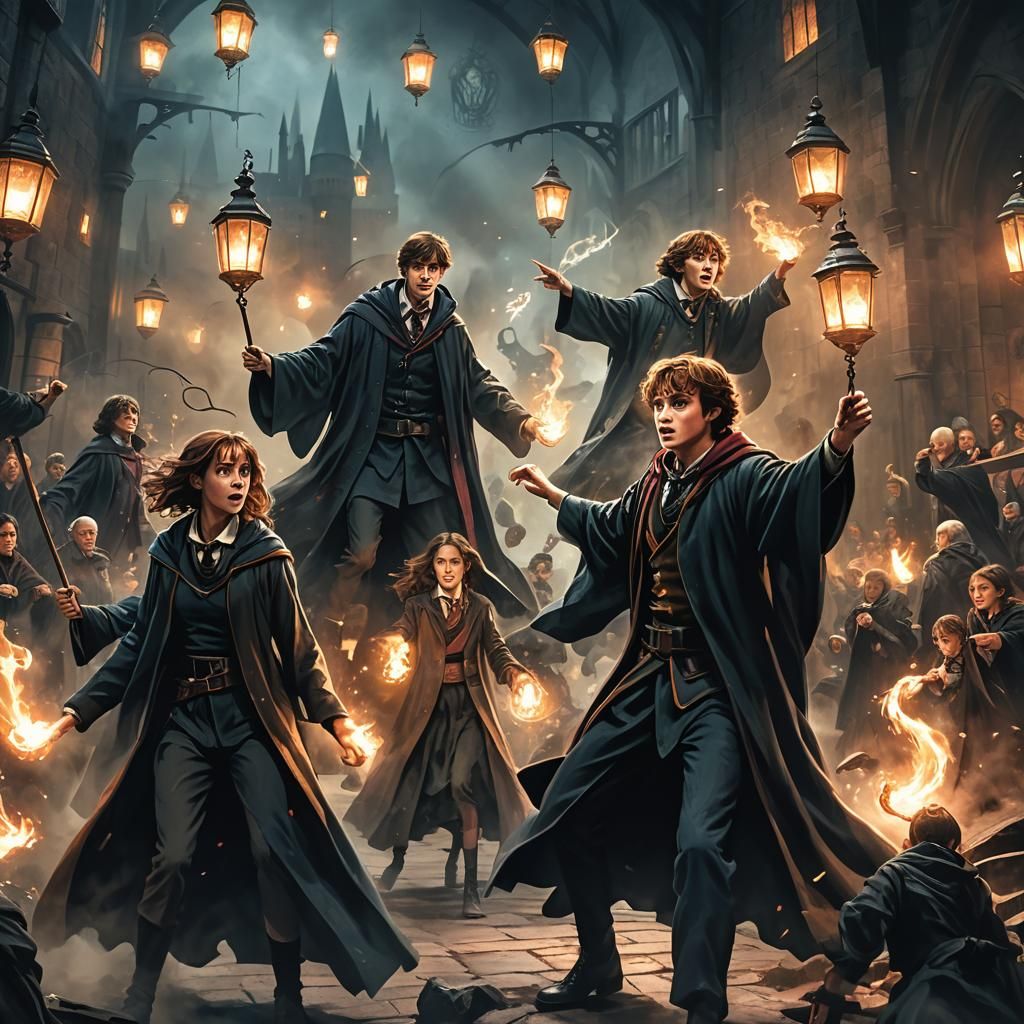 Magical Battle Scene at Hogwarts Inspired by Miyazaki