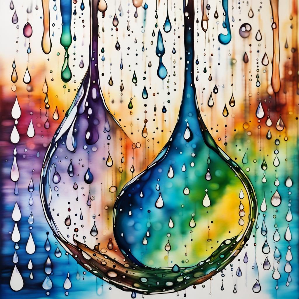 Binary Code Dream in Falling Raindrop, Alcohol Ink Art