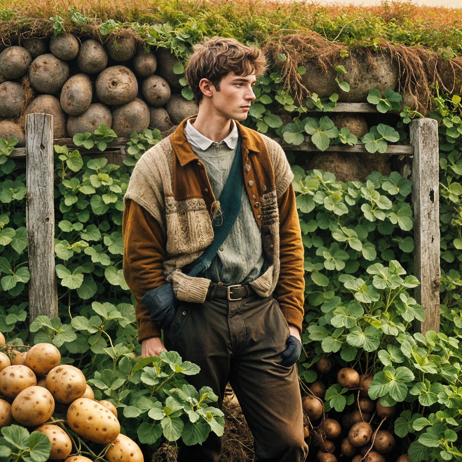 Man in Aran Sweater Standing in Potato Field