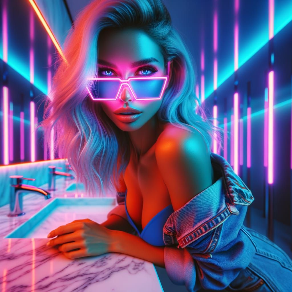 Neon Woman in Hyperrealistic Washroom
