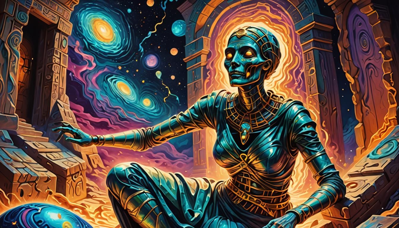 Female Mummy Escapes Tomb in Surrealist Cosmic Art