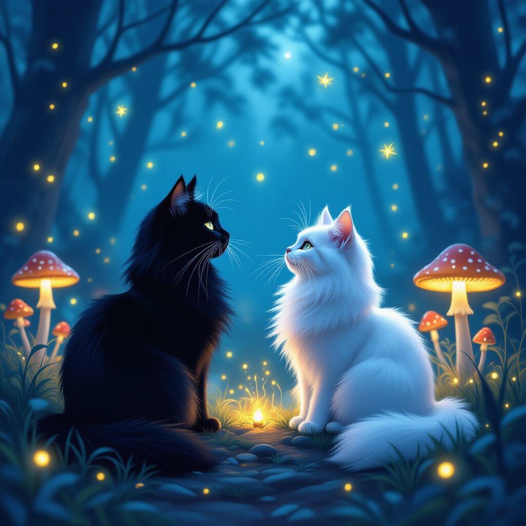 Cats Watching Fireflies in a Mystical Forest
