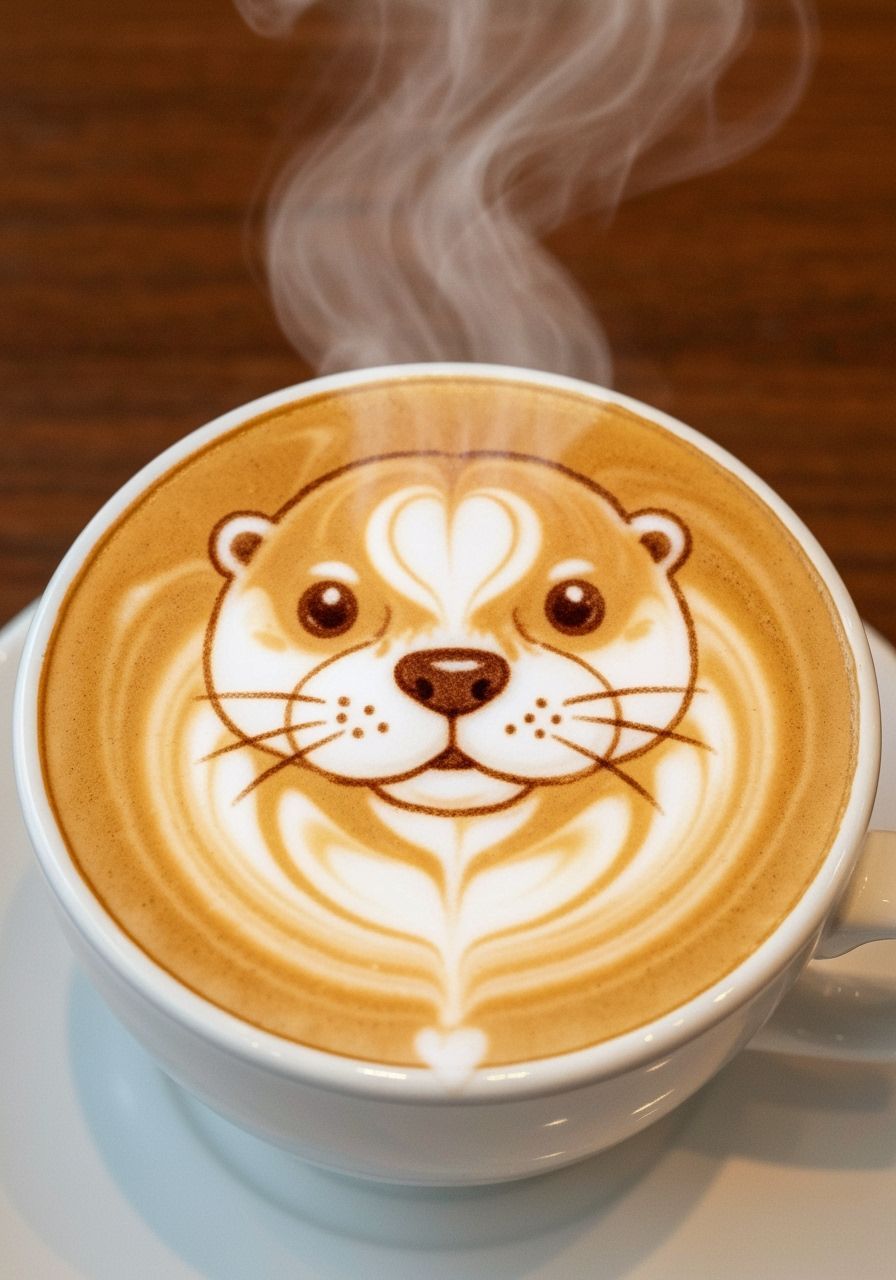 Latte Art Otter Face in Whimsical Watercolor Style
