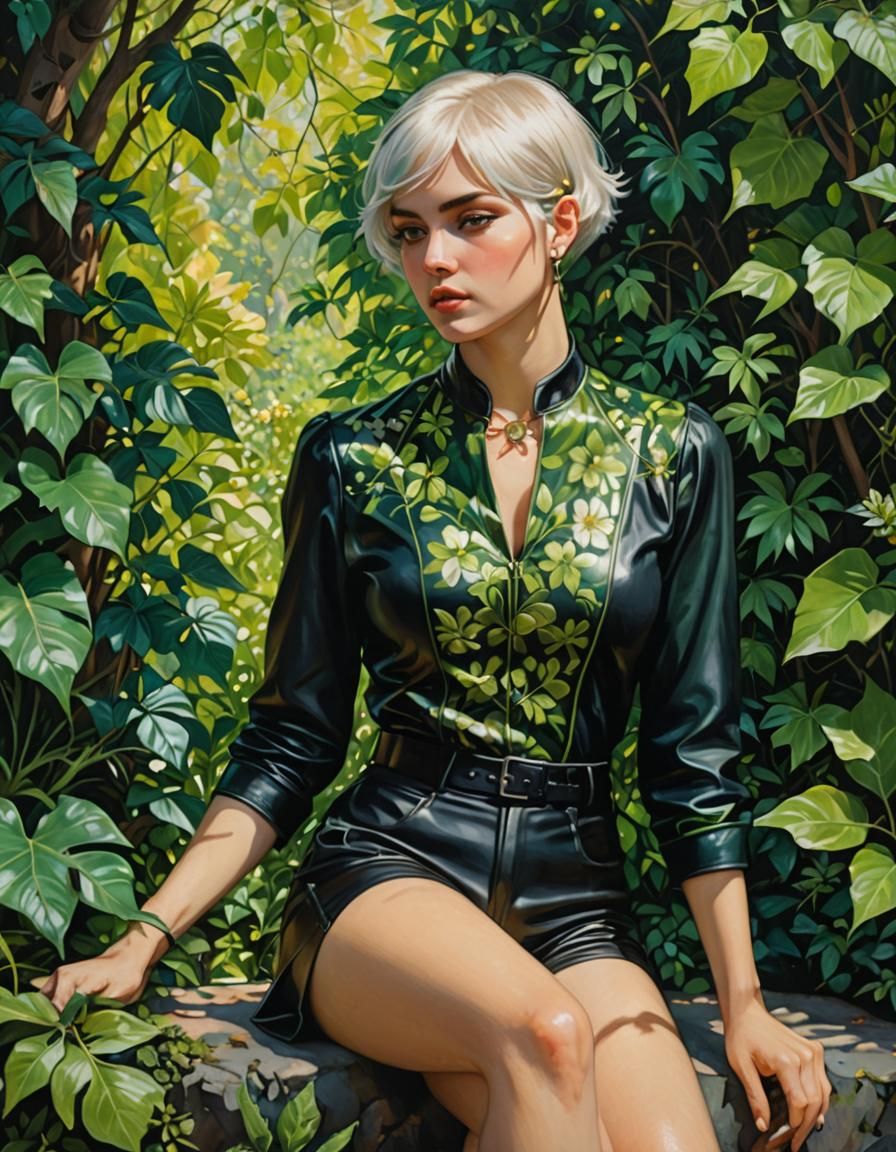 Girl with Green Floral Ornaments in Forest