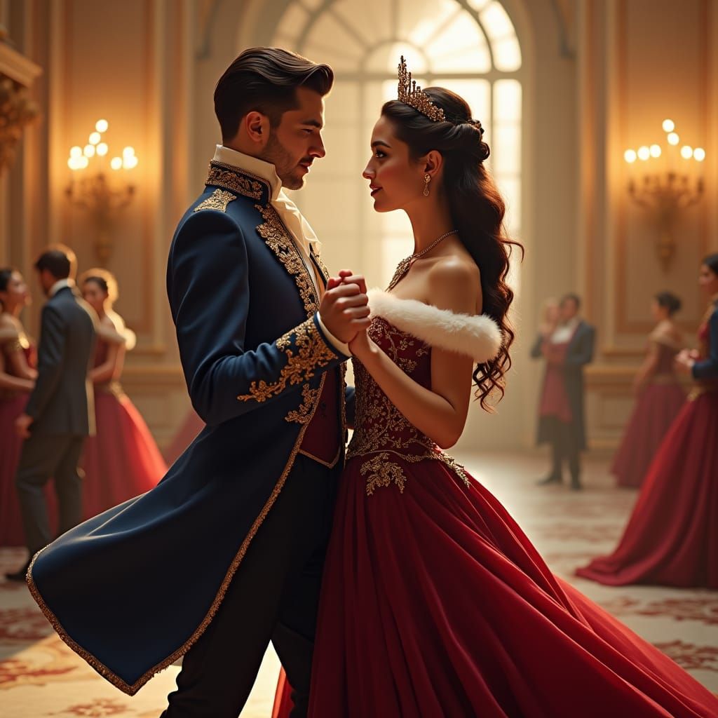 Baroque Ballroom Waltz: Regal Couple in Golden Light