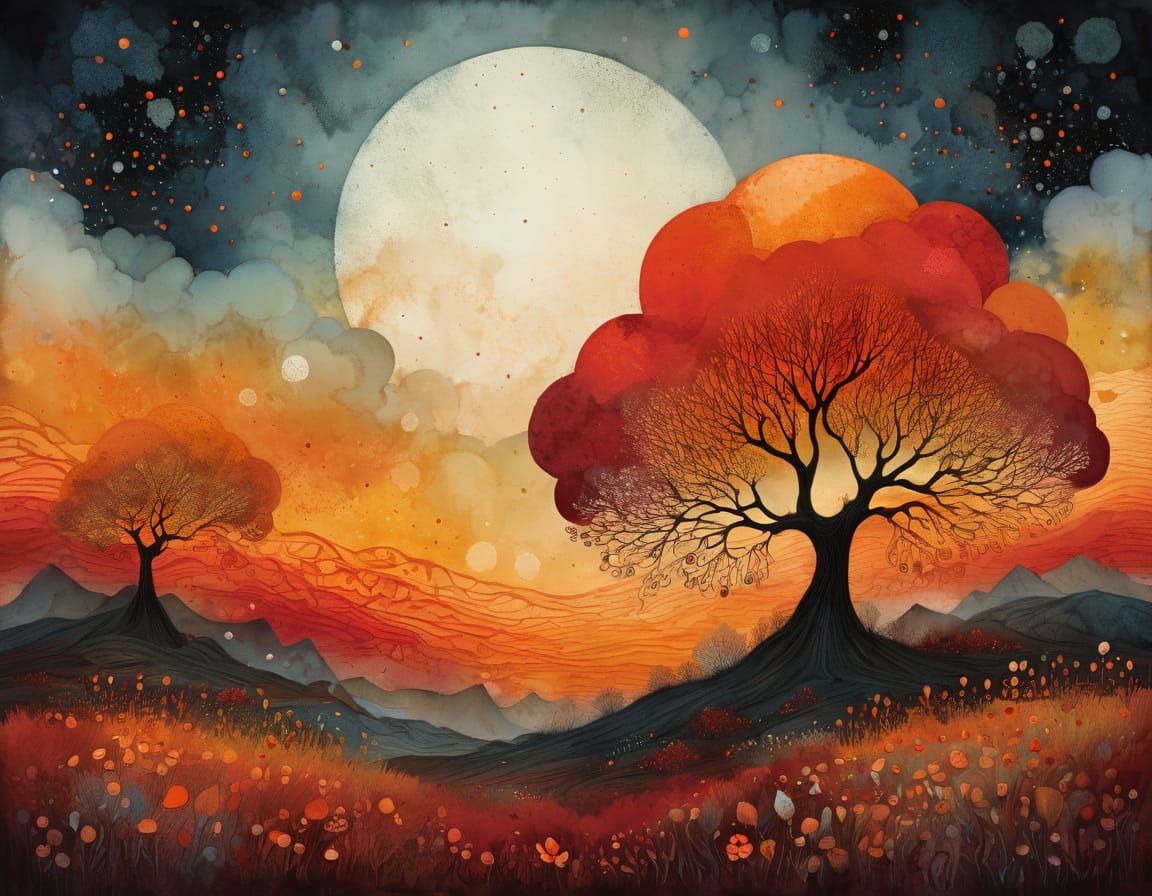 Surreal Red Sunset Landscape in Thick Brush Strokes
