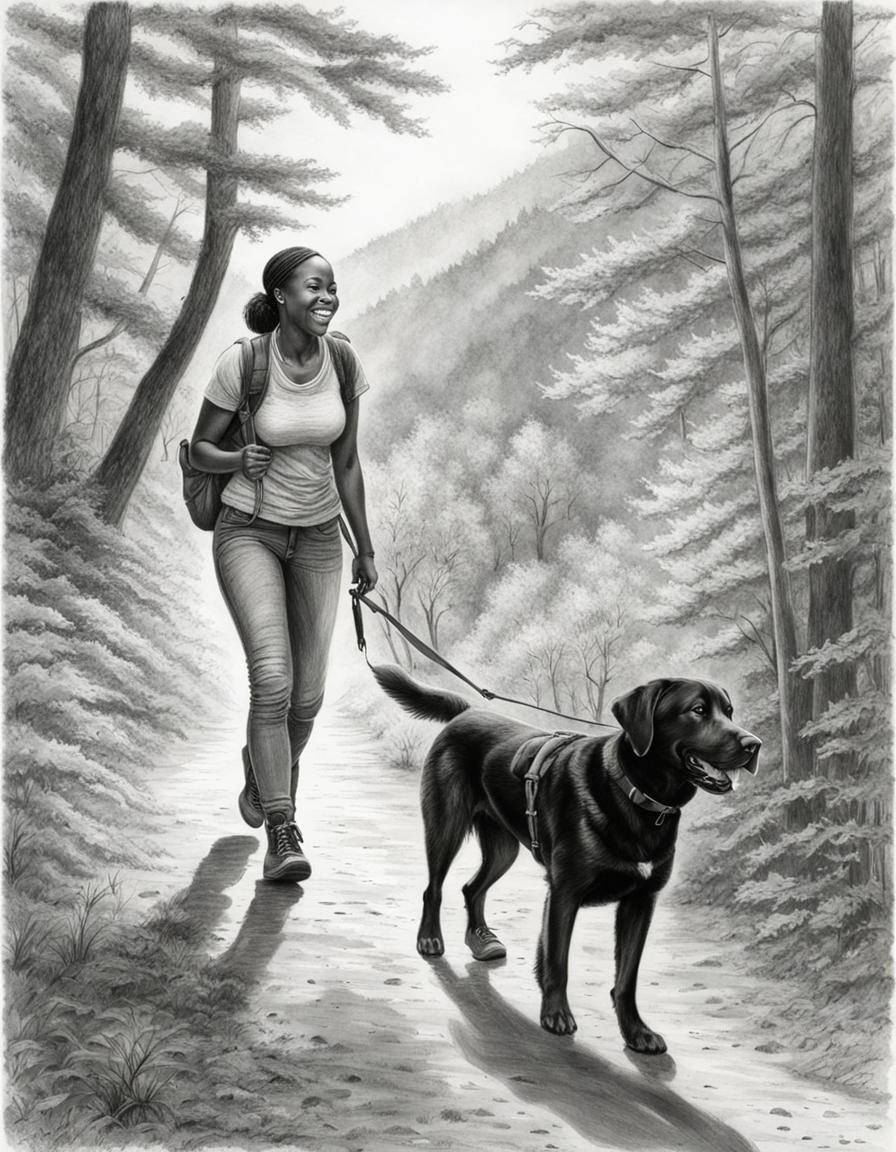 Woman and Dog Hiking: Detailed Pencil Sketch