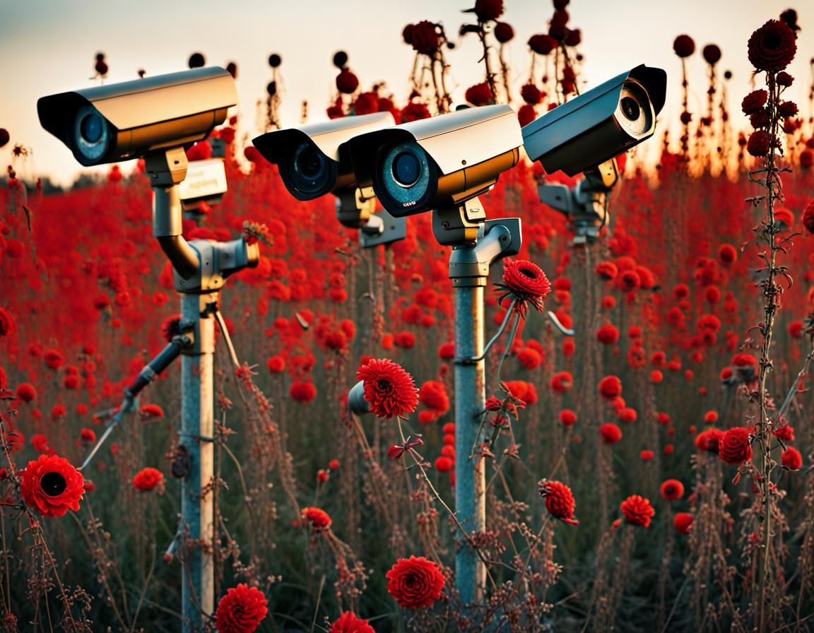 Dystopian Field: Surveillance Cameras Bloom in Gritty Landsc...