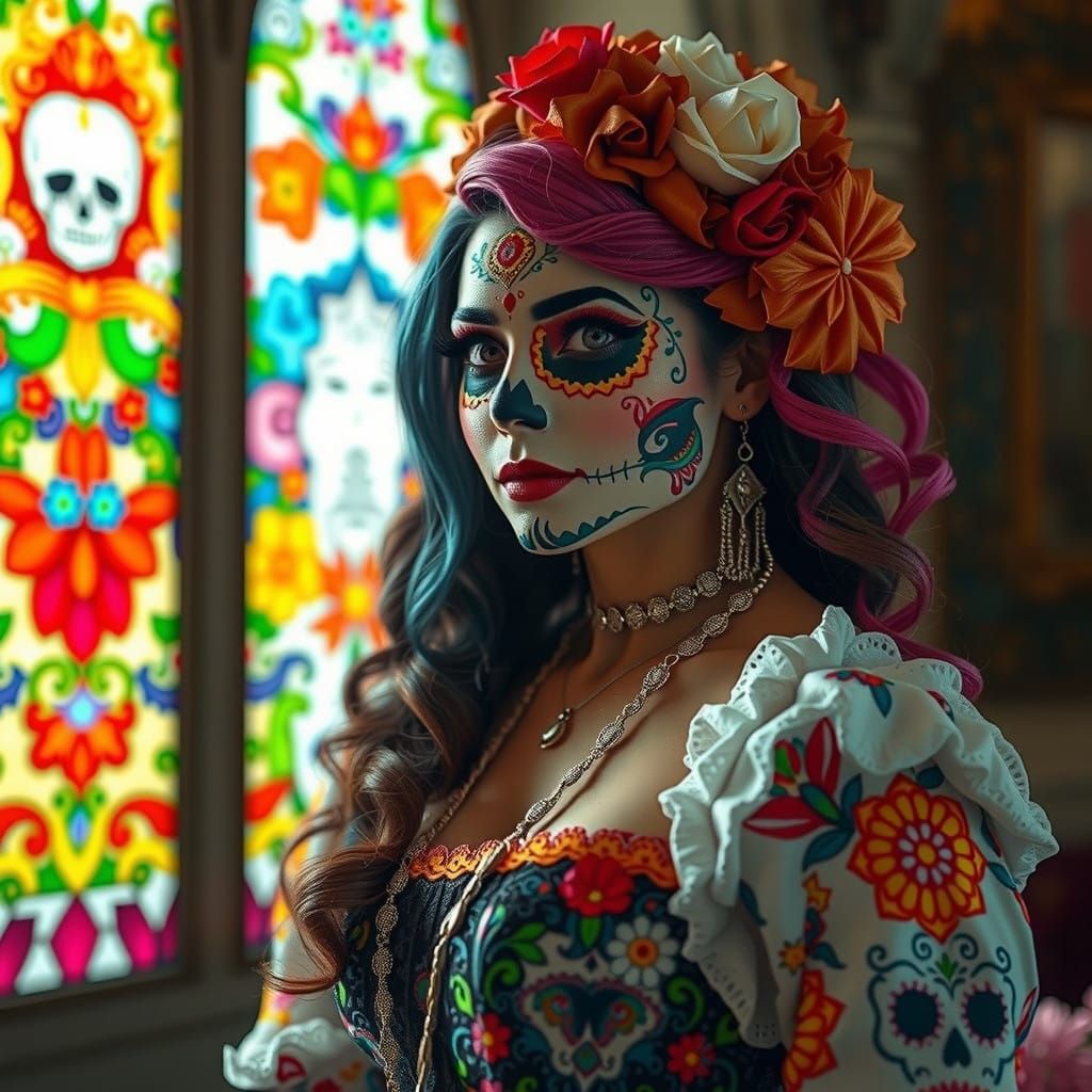 Vibrant Hispanic Goddess in Dia de los Muertos Splendor