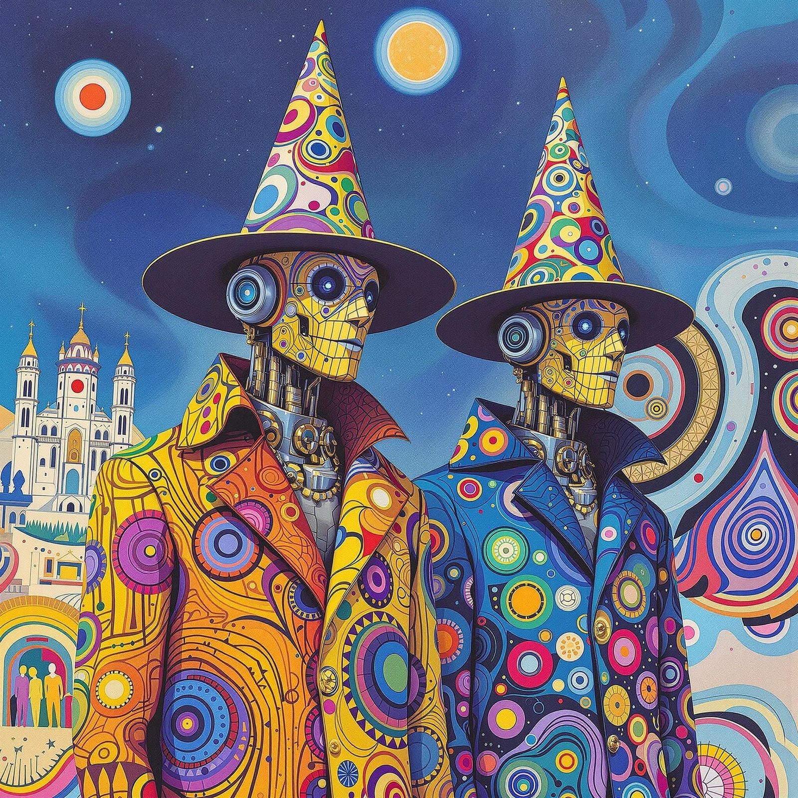 Psychedelic Robot Travelers in Pop Art Style