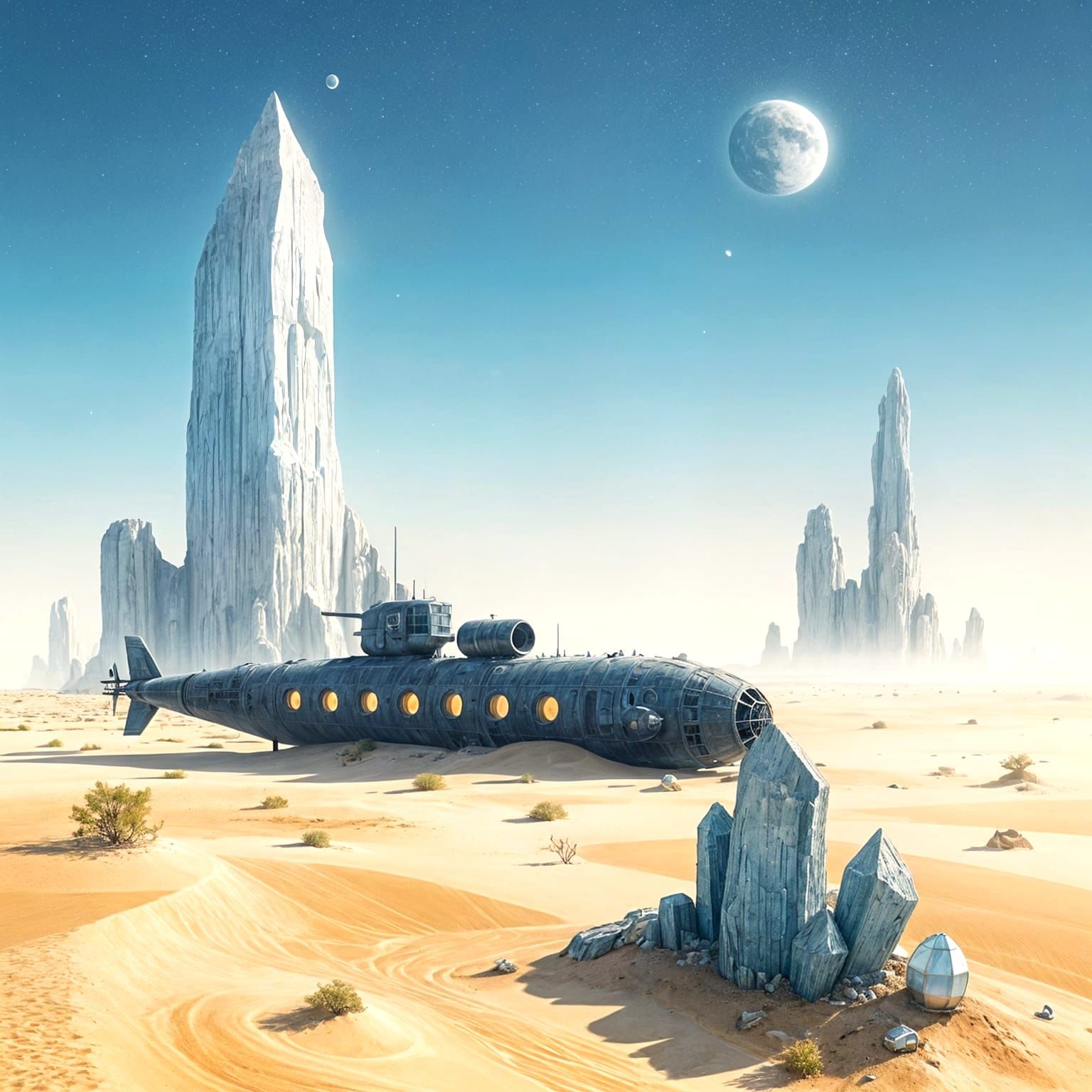 Crystalline Desert Landscape with Submarine Dwelling and Two...