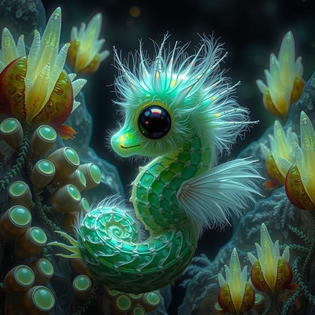 Rainbow Seahorse with Wings on Bioluminescent Plants