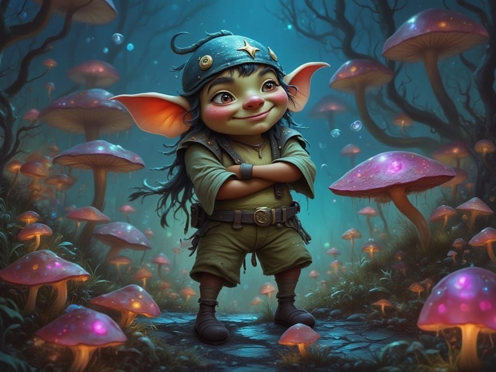 Happy Shy Goblin Among Giant Bioluminescent Mushrooms
