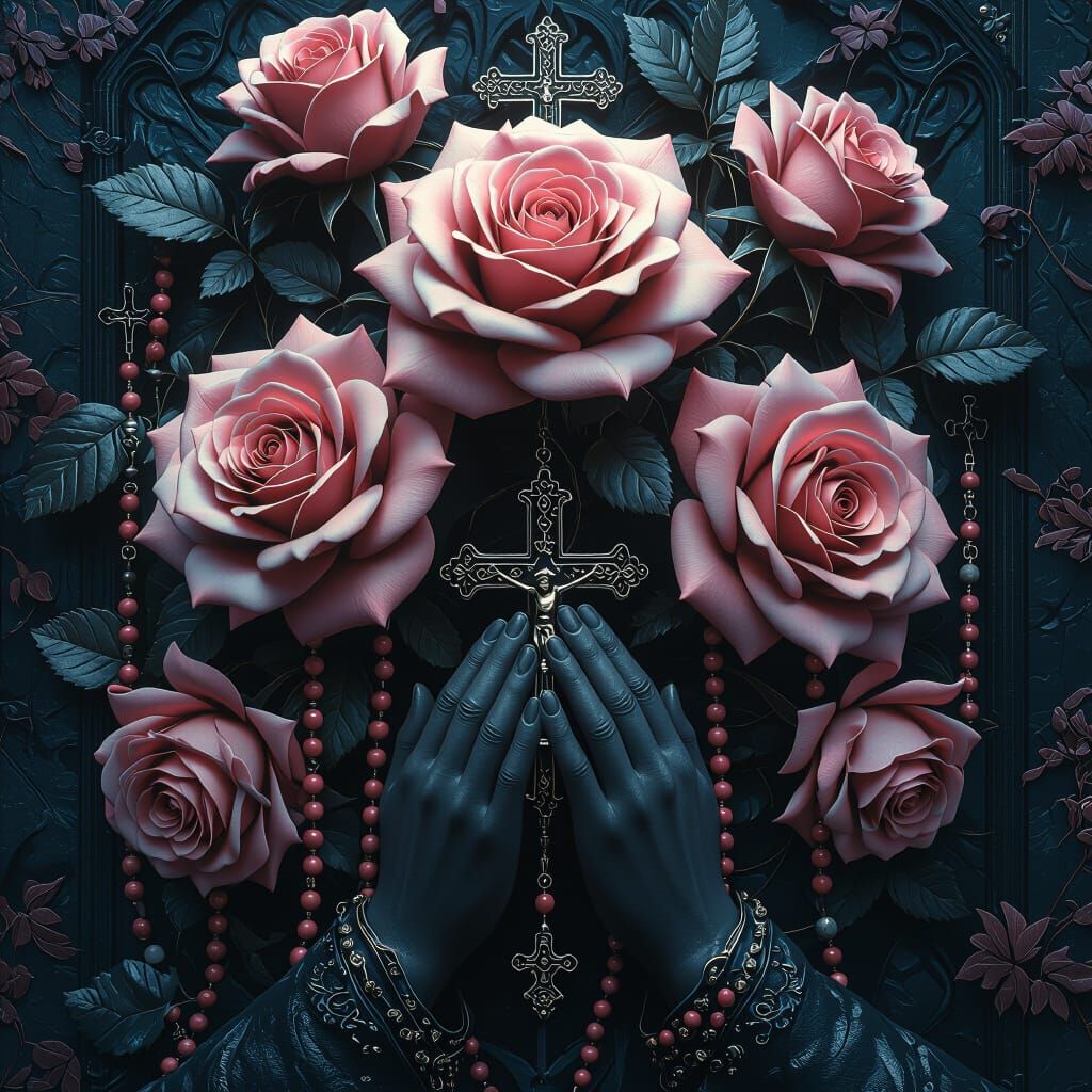 Gothic Roses with Crosses and Praying Hands