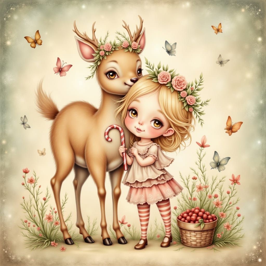 Child and Deer Adorned with Flowers and Fairy Lights