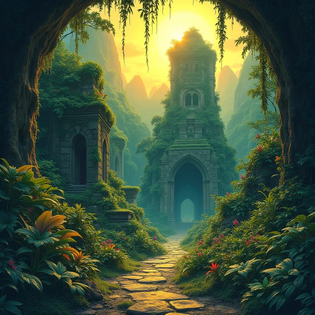 Mystical Lost Kingdom in a Lush Jungle, in the Style of Atmo...
