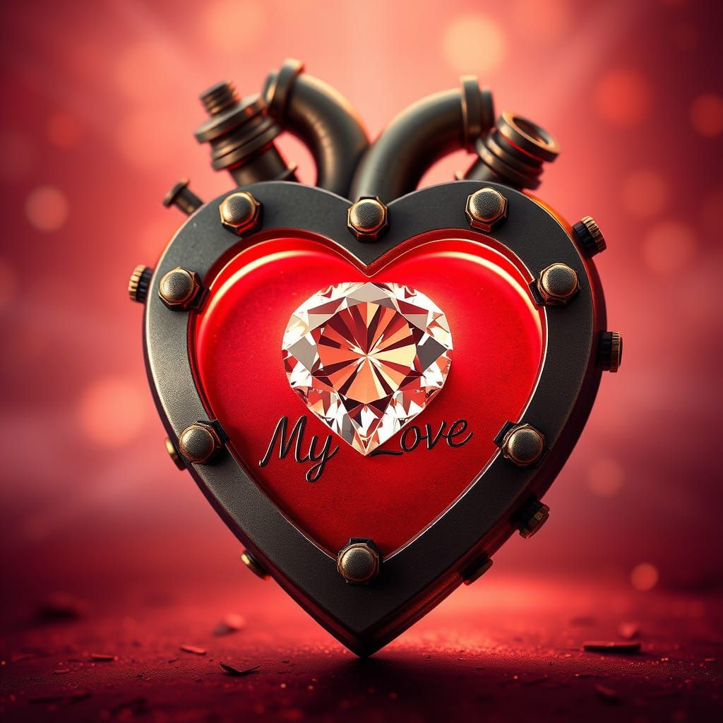 Steampunk Heart in Warm Red Glow with Visible Gears and Diam...