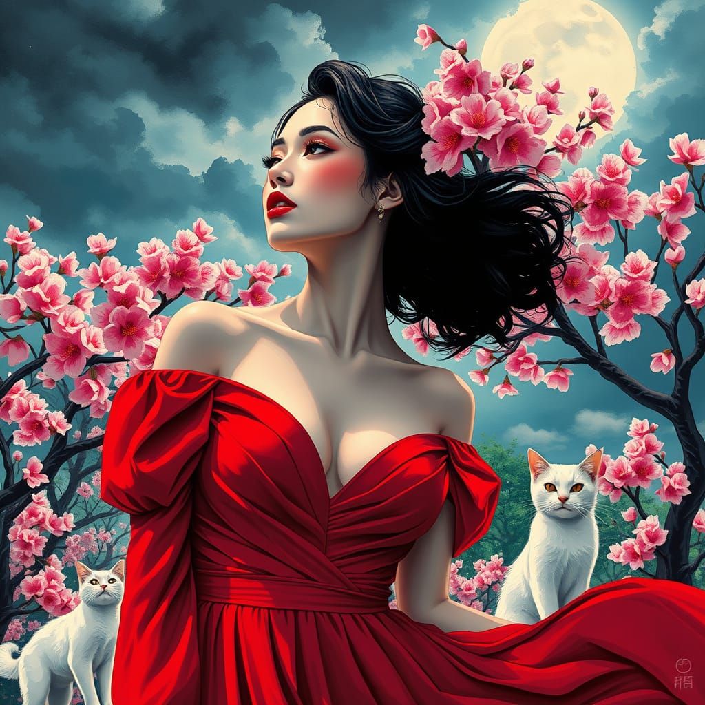 Cherry Blossom Park Scene with Woman and White Cat