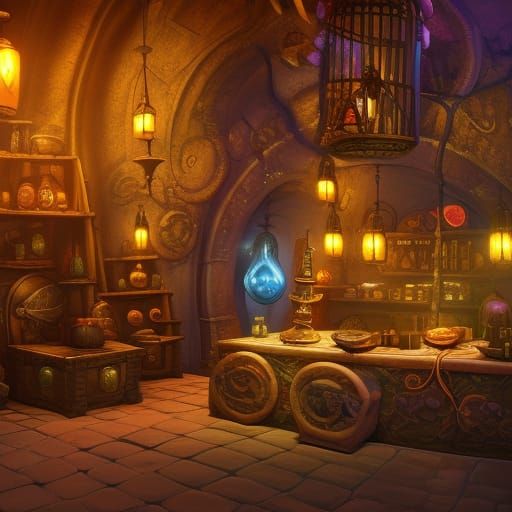 Detailed Fantasy Potion Shop in Matte Painting Style