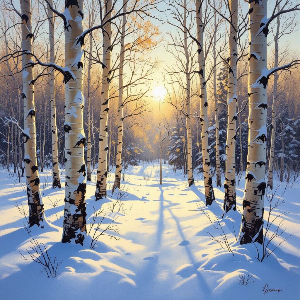 Vibrant Oil Painting of Sunlit Aspen Grove in Winter