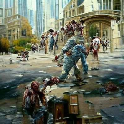 Soldiers Battling Zombies in City, Oil Painting
