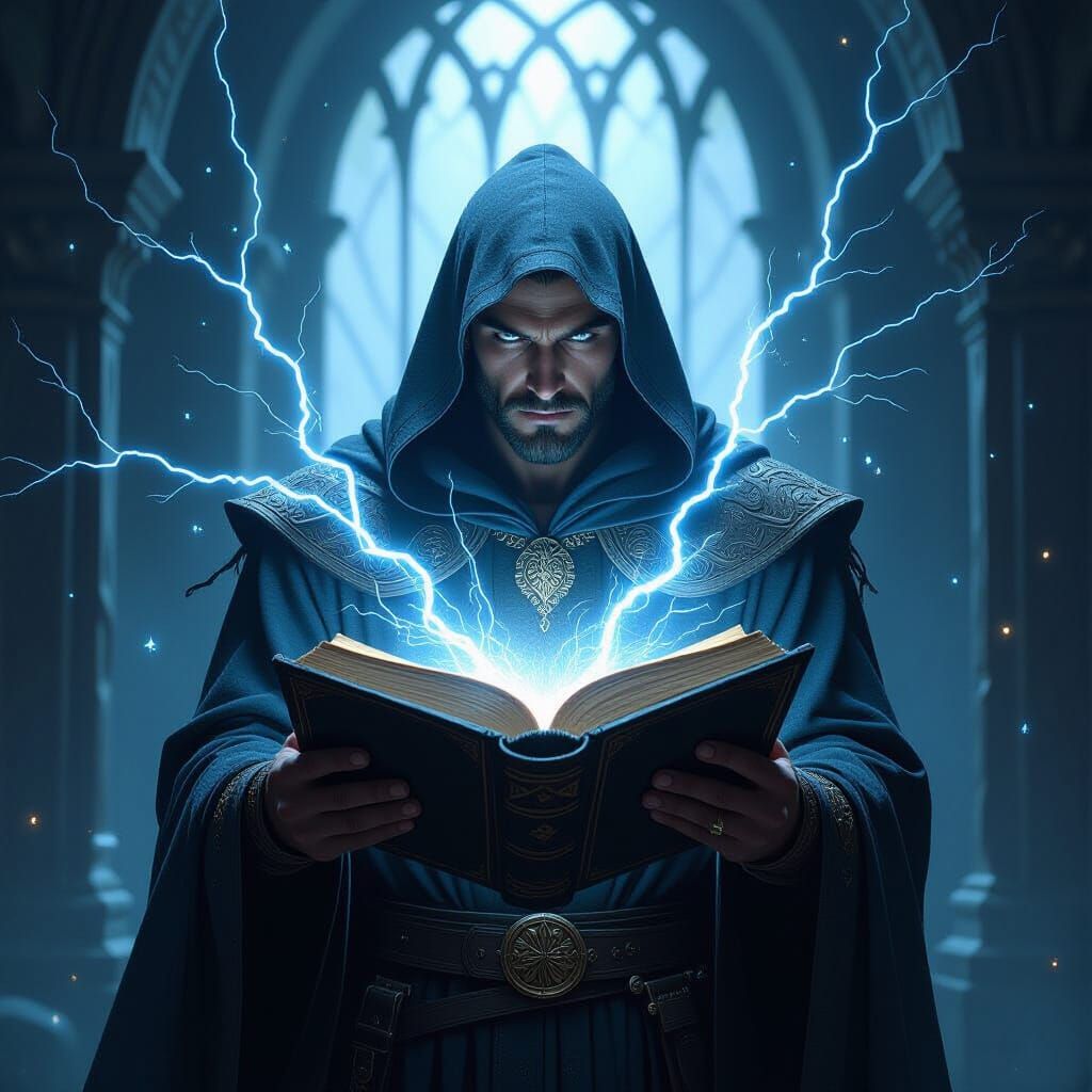 Sorcerer Unleashes Arcane Lightning From Ancient Tome