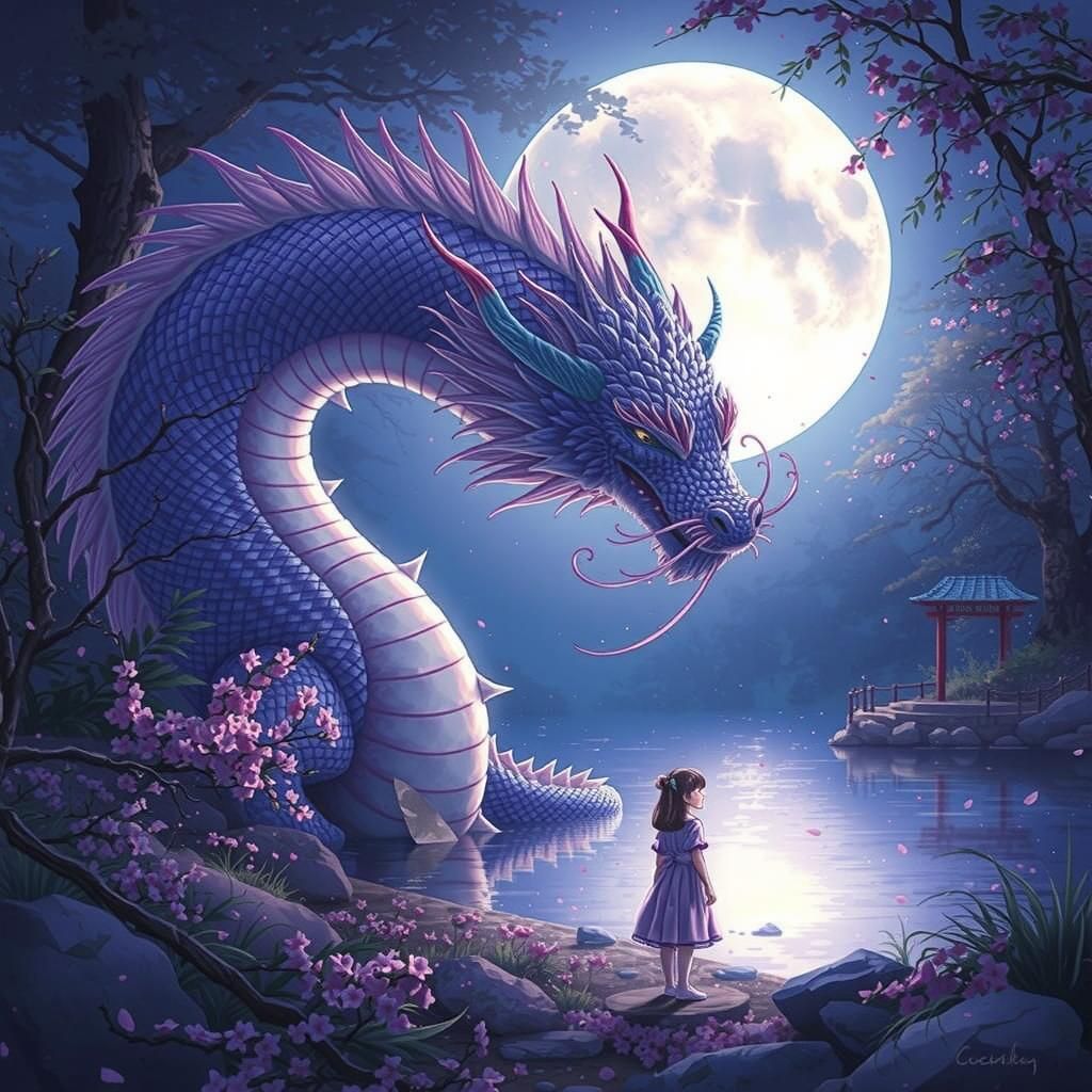 Japanese Dragon Whispers to Girl by Moonlit Lake