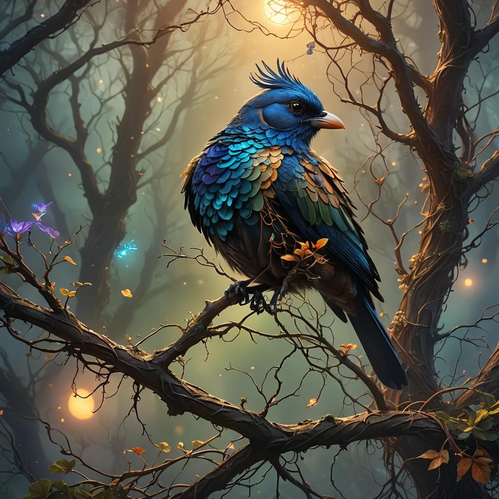 Mystical Bird with Glowing Branch Fantasy Art