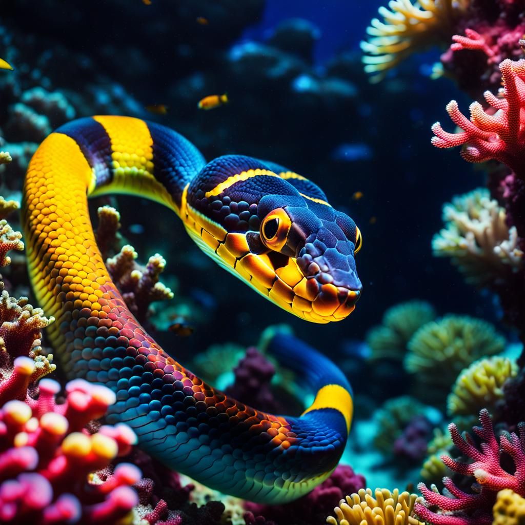 Coral Reef Snake Underwater: A Cinematic Digital Painting