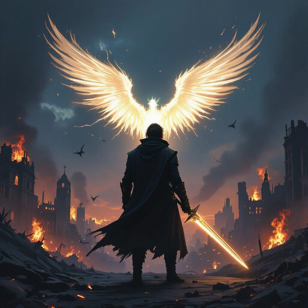 Warrior with Glowing Sword Stands Before Burning City