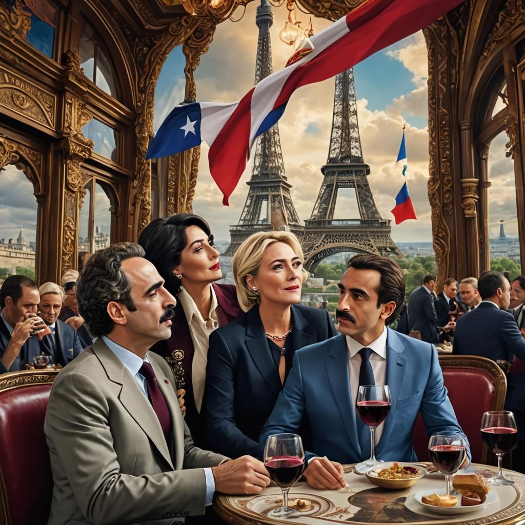 Surreal Art Nouveau Cafe Scene with Political Figures