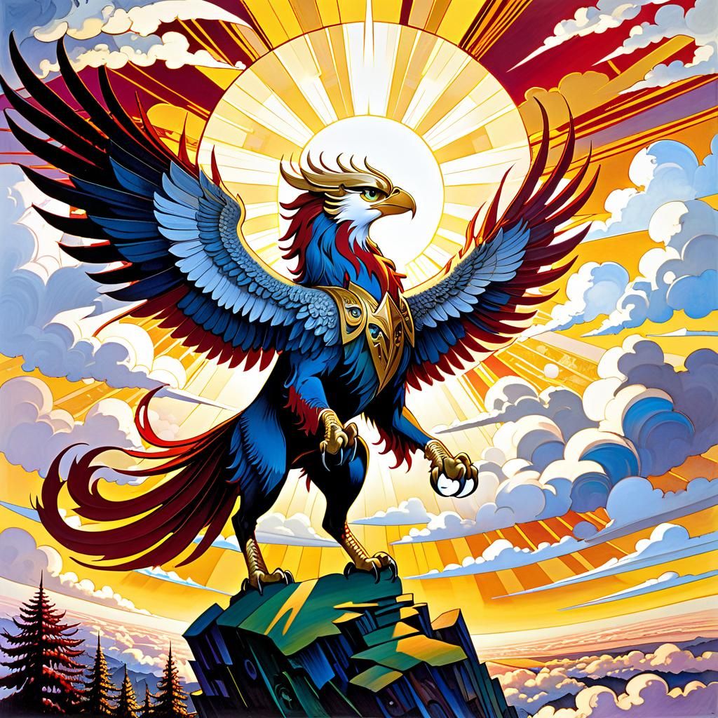 Cel-Shaded Griffin Dreamscape, Ink Outlines