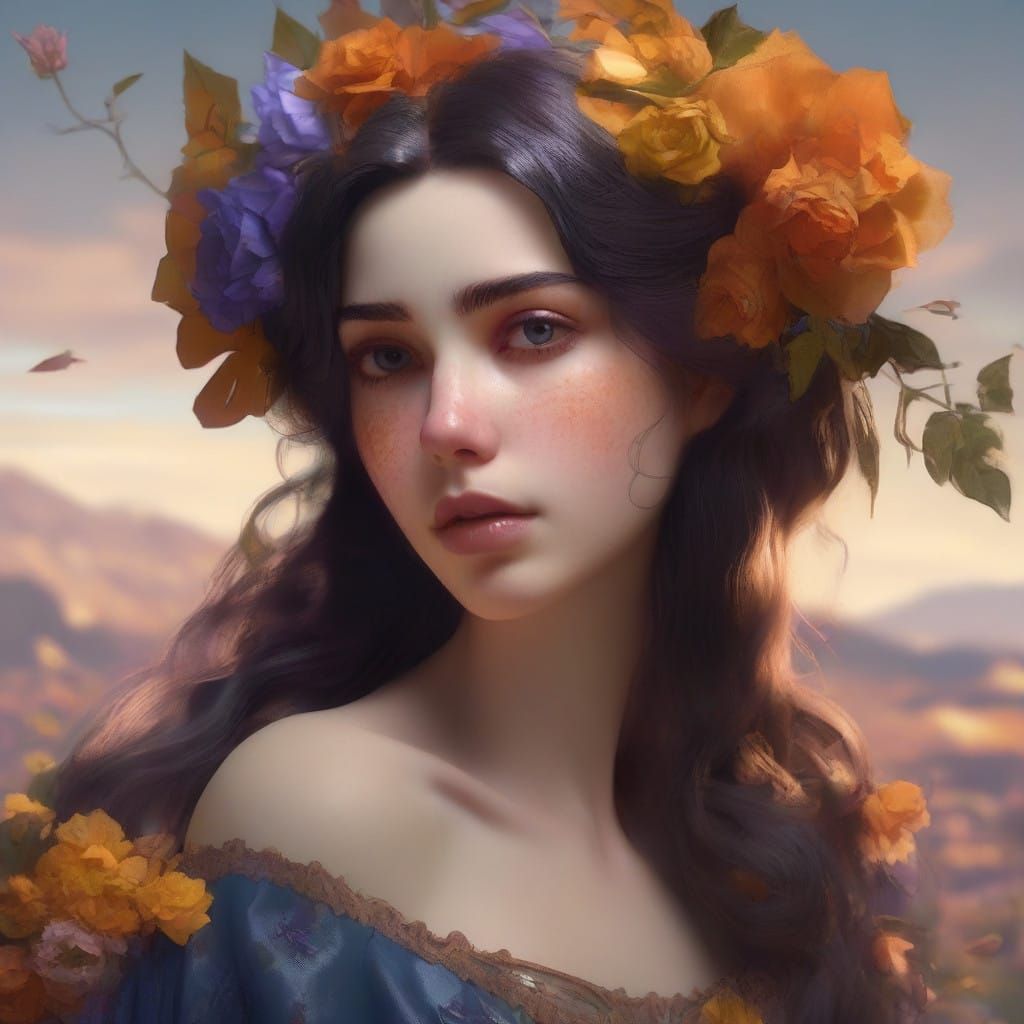 Ethereal Young Woman Among Blooming Wildflowers in Muted Tri...