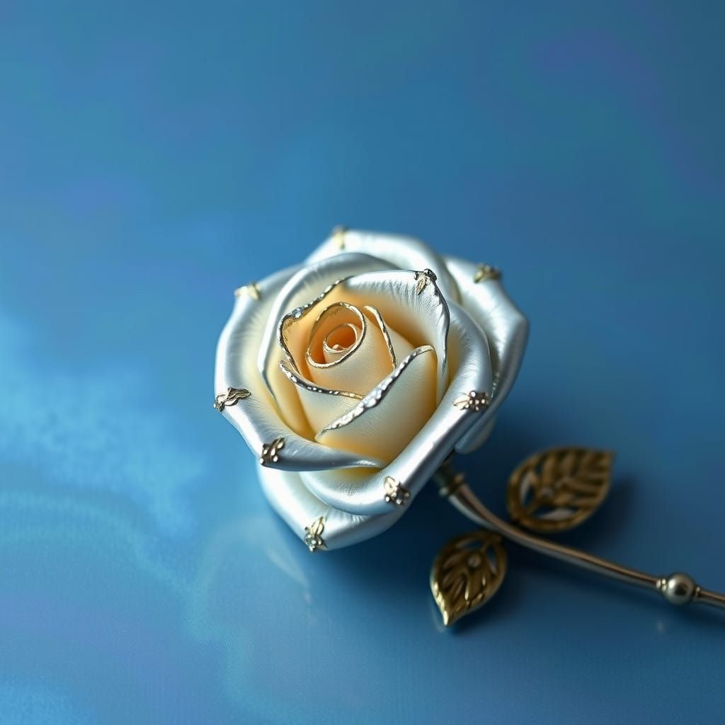 Art Nouveau-Inspired Silver Rose on Iridescent Blue Backgrou...