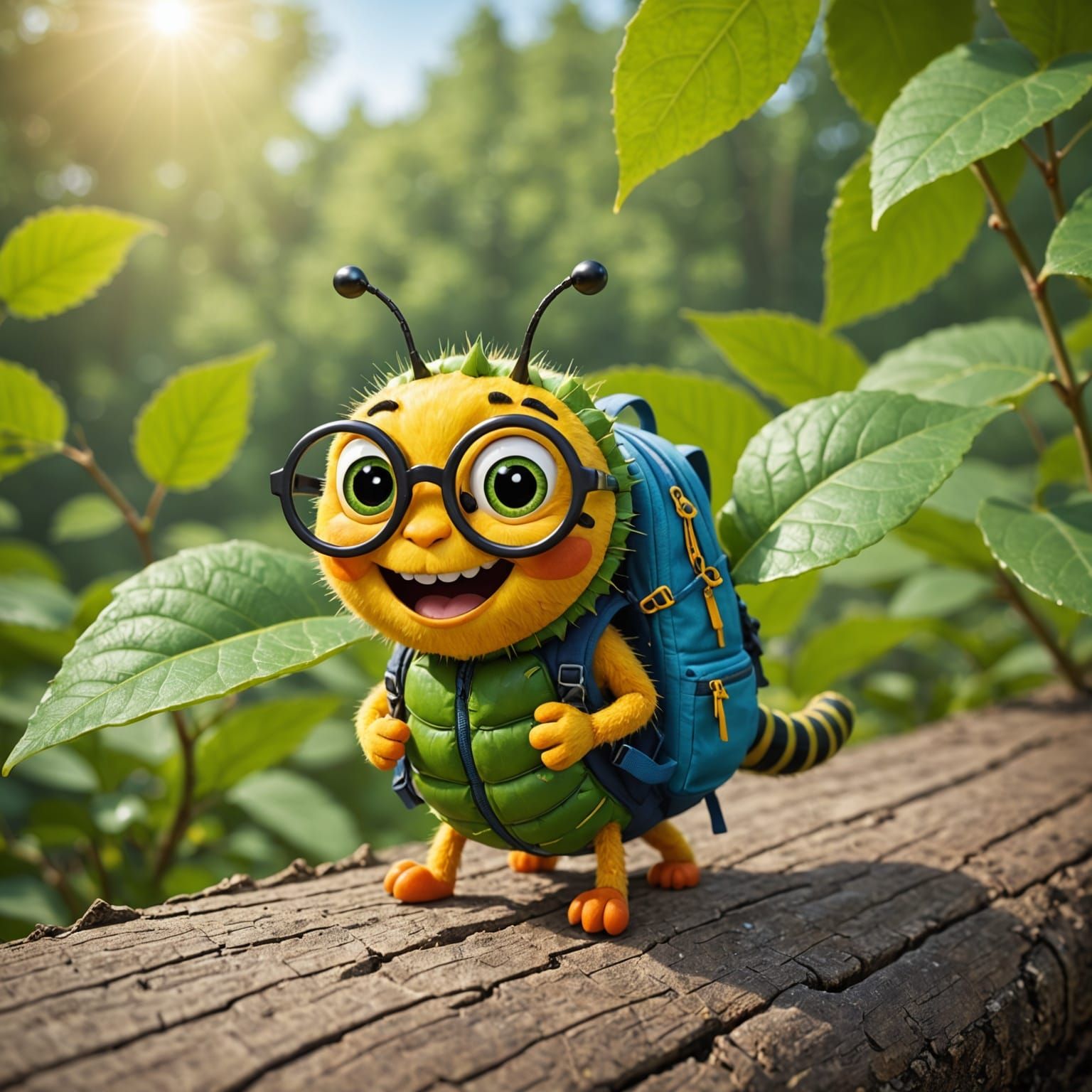 excited caterpillar on a leaf, Cartoon, wearing a backpack, glasses