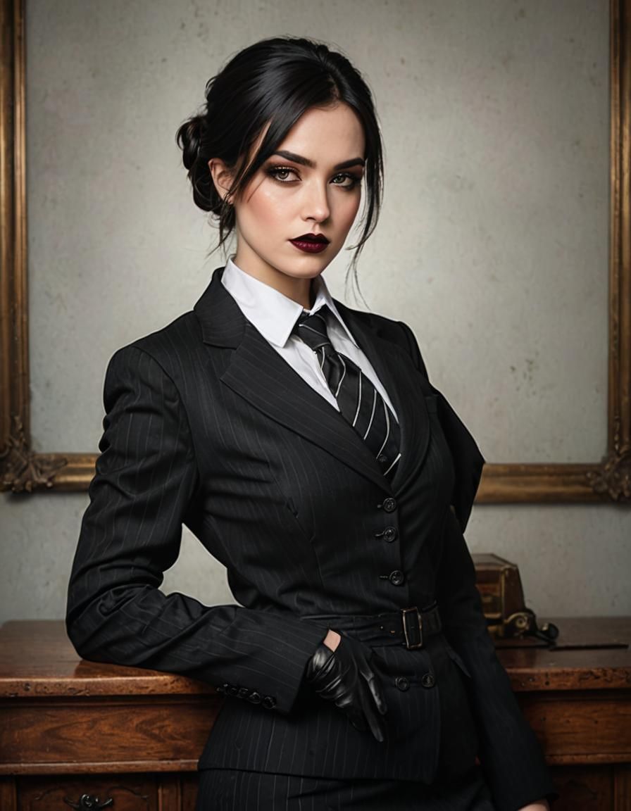 Gothic Businesswoman in Pinstripes and Overknee Boots