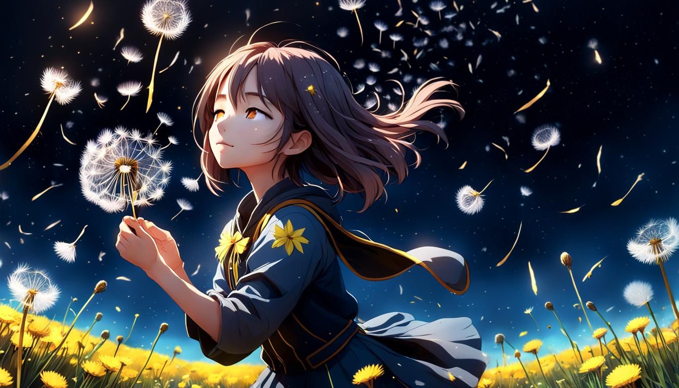 Anime Girl in Cosmos Scatters Dandelion Seeds
