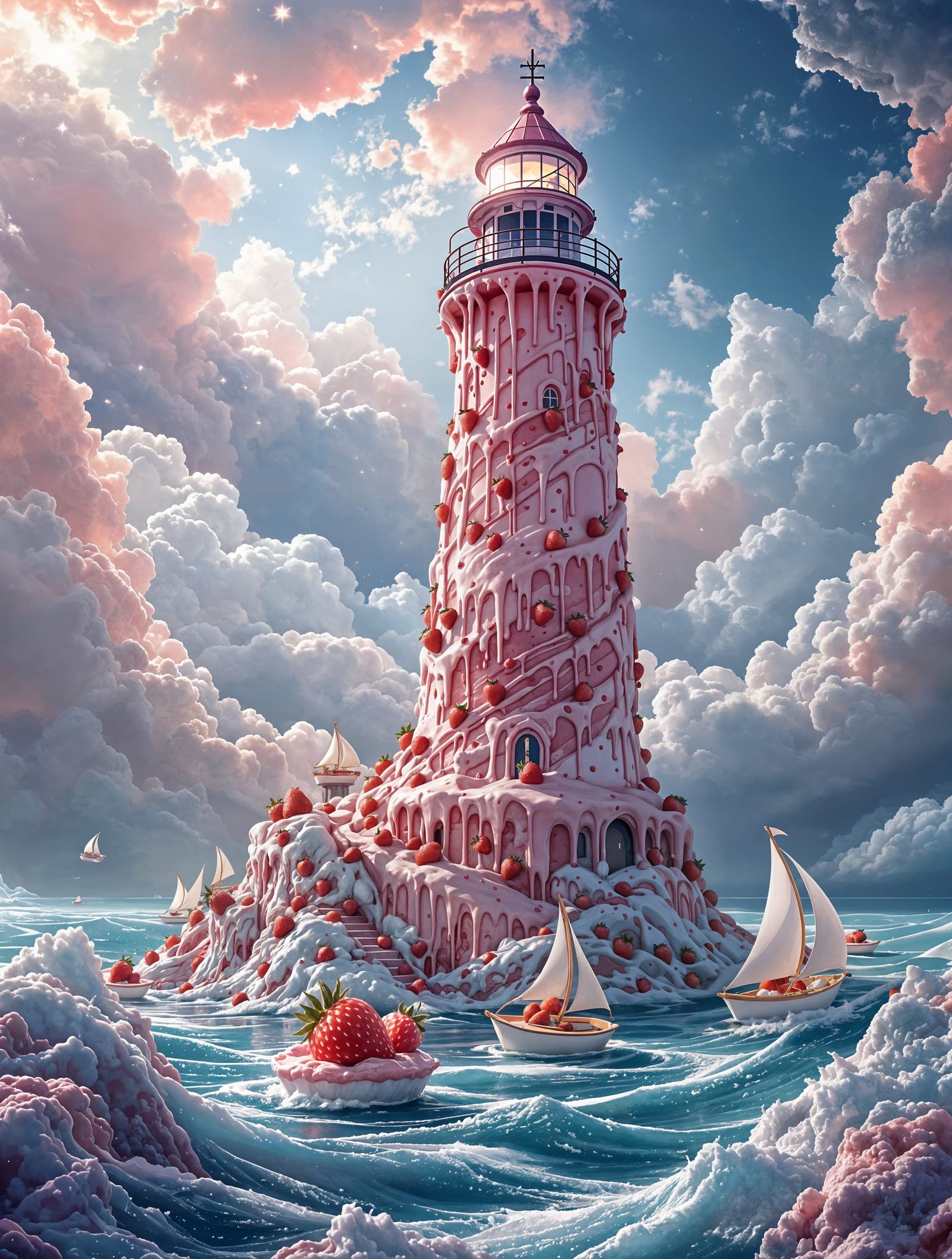 Surreal Strawberry Lighthouse in Whimsical Ocean Scene