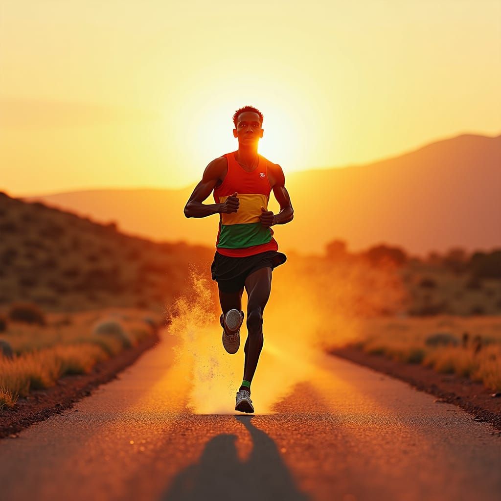 Ethiopian Runner in Fiery Sunset, Watercolor Style