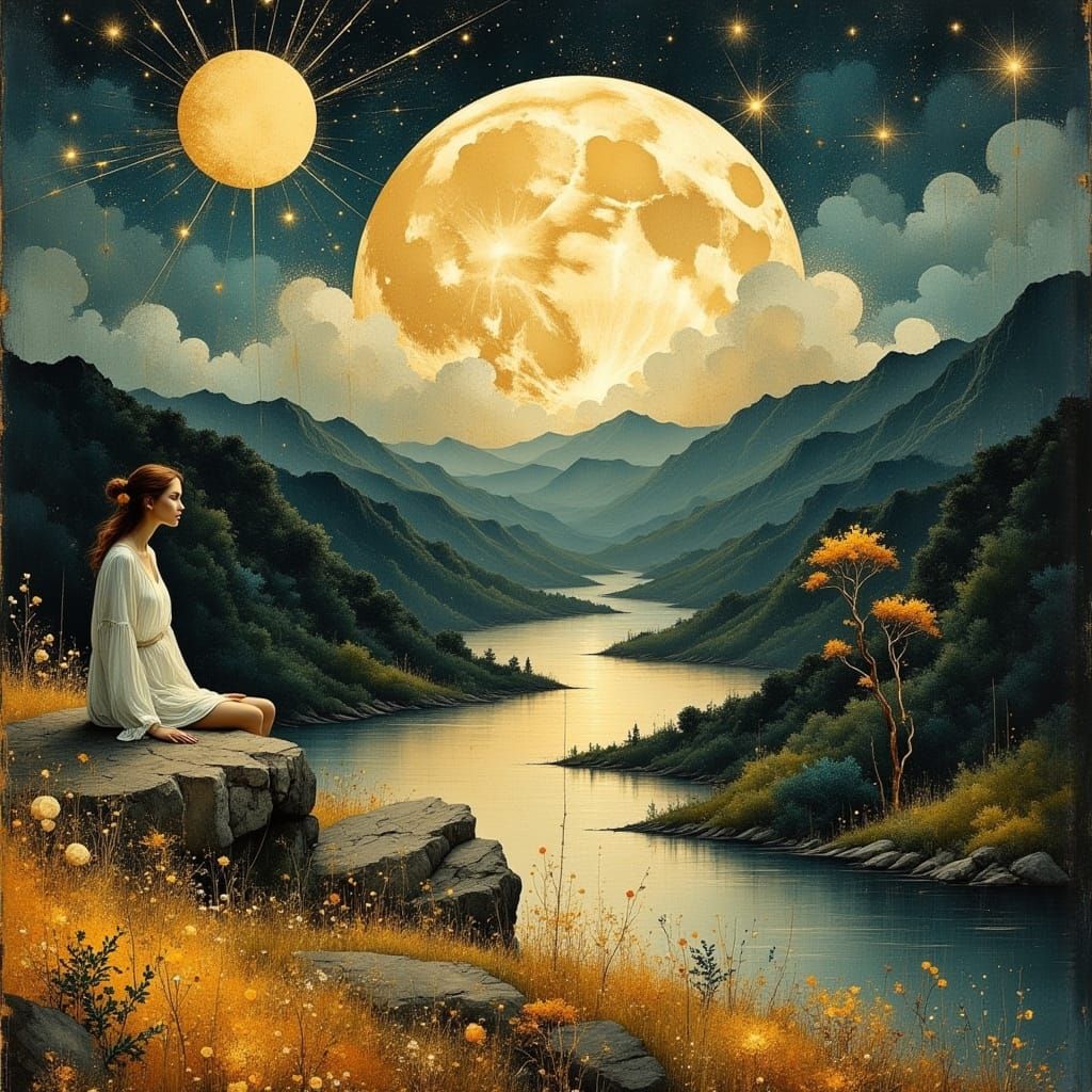 Moonlit Dreamscape: Woman in Arts and Crafts Style
